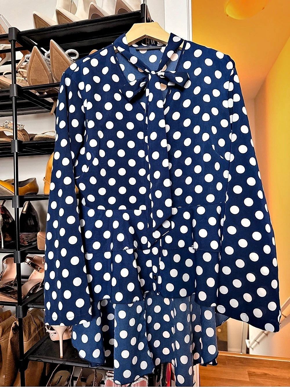 Celmia Collection Polka Dot Ruffle Hi-Lo Blouse in Blue & White Size 2XL